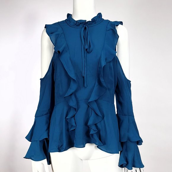 Romeo + Juliet Couture Tops - Romeo + Juliet Couture Cold‎ Shoulder Blouse Womens Ink Blue Ruffle Peplum M